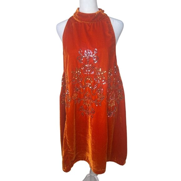 Free People Jill's Sequin Swing Velvet Halter Mini Dress Orange Sleeveless Large - Picture 14 of 16